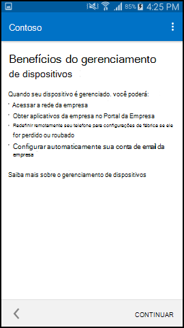 O Screenshot mostra Portal da Empresa aplicação para texto Android após a atualização, Benefícios do ecrã de gestão de dispositivos.