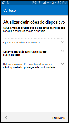 O Screenshot mostra Portal da Empresa aplicação para texto Android após atualização, ecrã de definições do dispositivo Update.