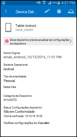 O Screenshot mostra Portal da Empresa aplicação para texto Android após atualização, ecrã de Detalhes do Dispositivo.