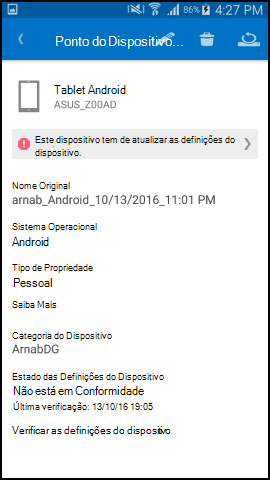 O Screenshot mostra Portal da Empresa aplicação para texto Android após atualização, ecrã de Detalhes do Dispositivo.