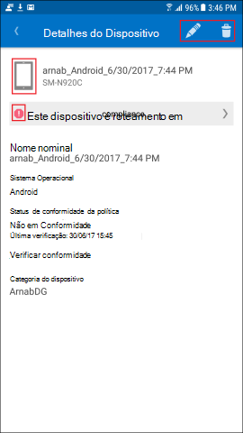 O Screenshot mostra Portal da Empresa aplicação para Android, ecrã de Detalhes do Dispositivo.