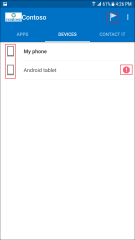 A screenshot mostra Portal da Empresa aplicação para Android, ecrã DEVICES.