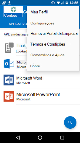 Uma imagem da aplicação Portal da Empresa para Android, com o menu de ação aberto no canto superior direito. A nova opção “Remover Portal da Empresa” está disponível como a terceira opção, abaixo de “O Meu Perfil” e “Definições” e acima de “Termos e Condições”, “Ajuda e Comentários” e “Acerca de”.