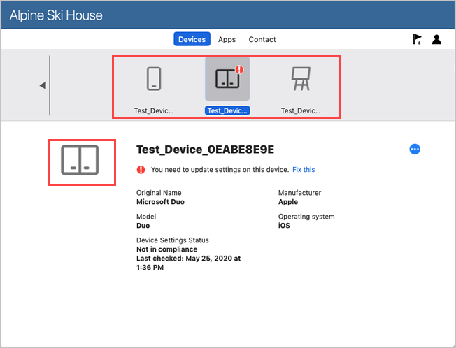 Imagem de Portal da Empresa para macOS, separador dispositivos, destacando ícones atualizados.