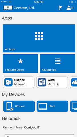 Uma imagem da aplicação Portal da Empresa para iOS após a atualização, que agora reflete a capacidade de selecionar quaisquer cores relevantes para a sua organização.