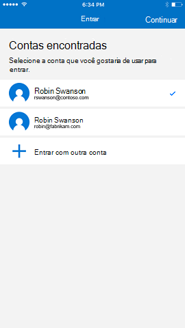 Uma imagem do seletor de conta, que mostra um utilizador de teste chamado “Alexandre Azevedo” a escolher um dos seus dois endereços de e-mail. Existe um botão sob os dois endereços que permite ao utilizador iniciar sessão com uma conta diferente.