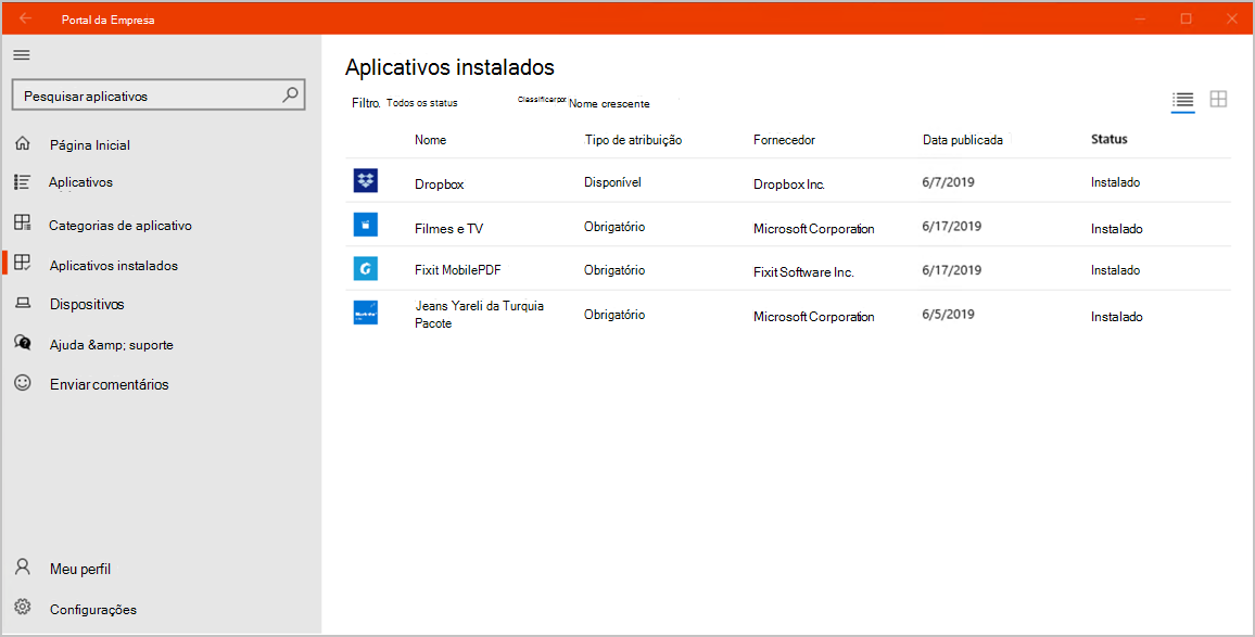 Exemplo de screenshot da aplicação Portal da Empresa para Windows 10, página de aplicações instaladas. 