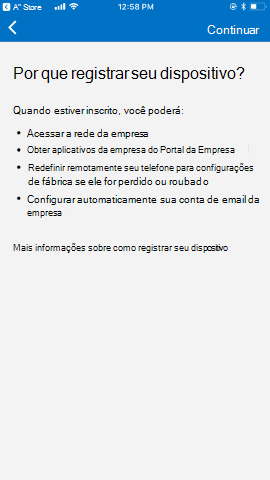 O Screenshot mostra Portal da Empresa app para i S / i Pad O S antes da atualização, Porquê inscrever o ecrã do dispositivo.