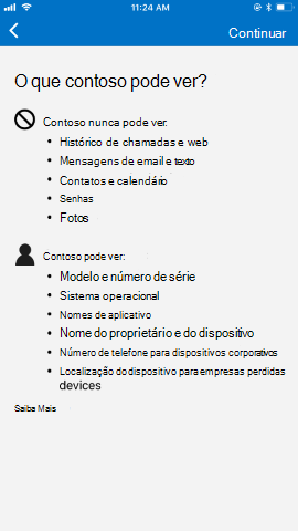 O Screenshot mostra Portal da Empresa app para i S/ i Pad O S após a atualização, informações de privacidade.