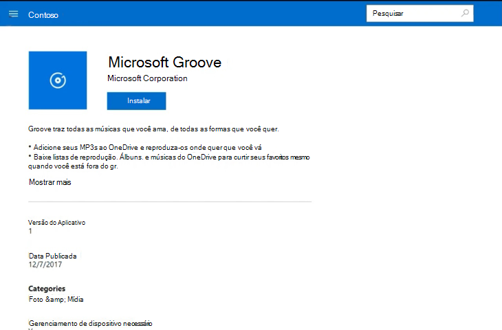 A página de instalação da aplicação atualizada mostra a aplicação por cima de uma descrição e várias informações sobre a instalação, incluindo a data de publicação, a versão e o tipo de aplicação.