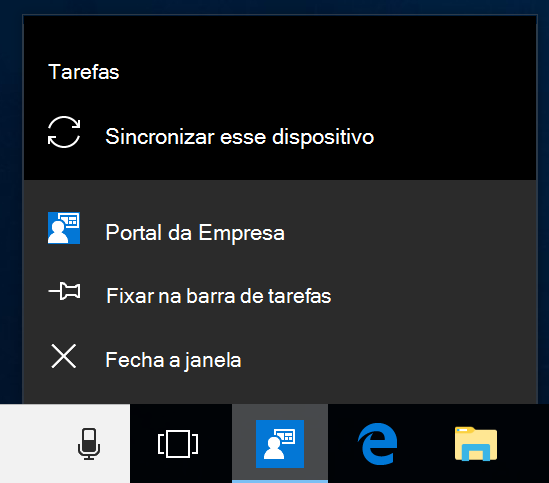 Captura de ecrã a mostrar a barra de tarefas do Windows no ambiente de trabalho de um dispositivo. Alguém clicou no ícone de programa da aplicação Portal da Empresa para mostrar um menu com as opções "Afixar na barra de tarefas", "Fechar janela" e "Sincronizar este dispositivo".