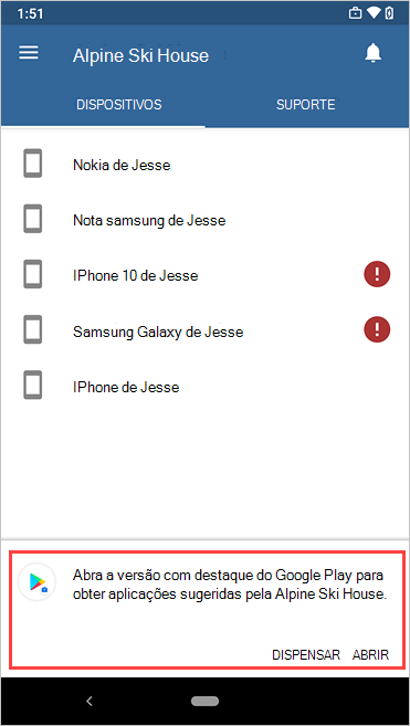 Imagem de exemplo de Portal da Empresa, o separador dispositivos solicita para abrir a versão crachada do Google Play.