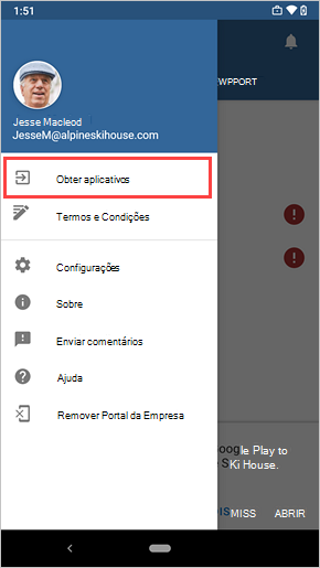 Imagem de exemplo Portal da Empresa gaveta da esquerda, realçando Obter item do menu de aplicações.