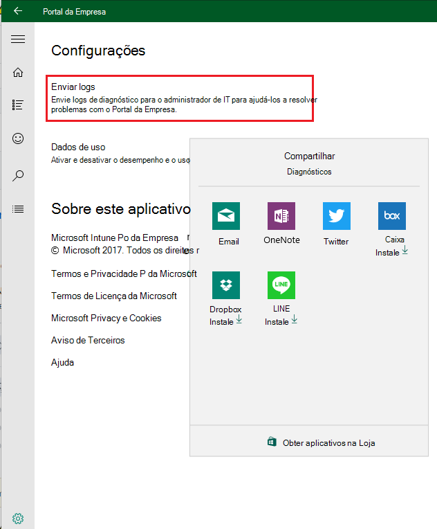 O Screenshot mostra Definições página na aplicação Portal da Empresa para Windows 10 antes da atualização.