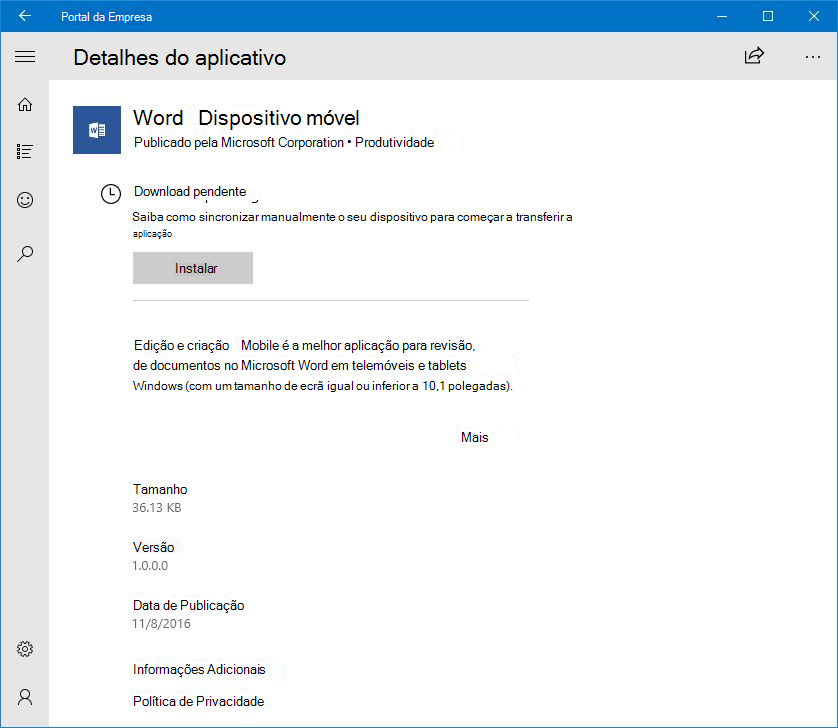Uma imagem da aplicação Portal da Empresa no Windows 10, onde a transferência do Microsoft Word está em estado pendente na loja de aplicações do Portal da Empresa.