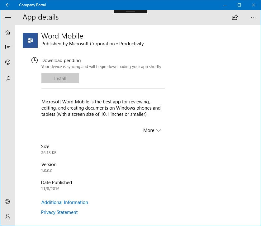Uma imagem da aplicação Portal da Empresa no Windows 10, com o novo estado de sincronização automática a apresentar uma mensagem de estado que indica que o dispositivo está a sincronizar e a tentar transferir a aplicação.