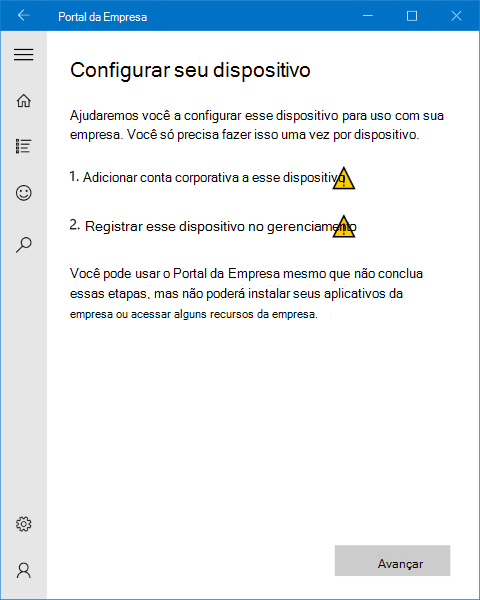 Uma imagem da página de configuração da aplicação Portal da Empresa no Windows 10, que apresenta um aviso a indicar que o utilizador precisa de adicionar uma conta empresarial a este dispositivo para poder inscrevê-lo para gestão.
