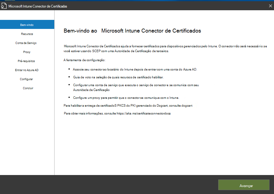 Página de boas-vindas do Conector de Certificado para Microsoft Intune assistente.