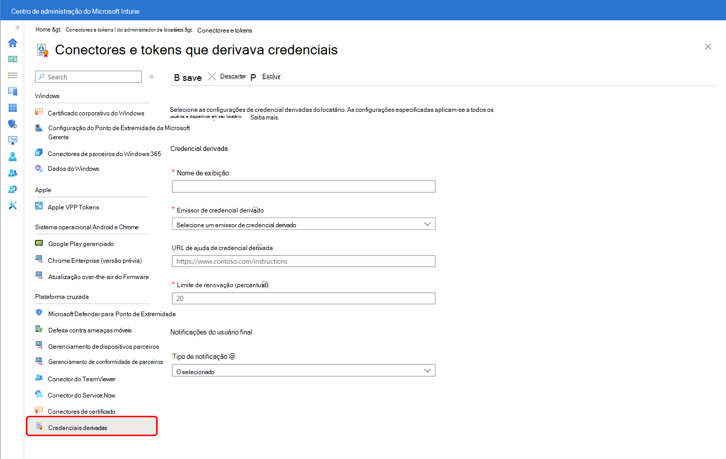 Configurar credenciais derivadas na consola