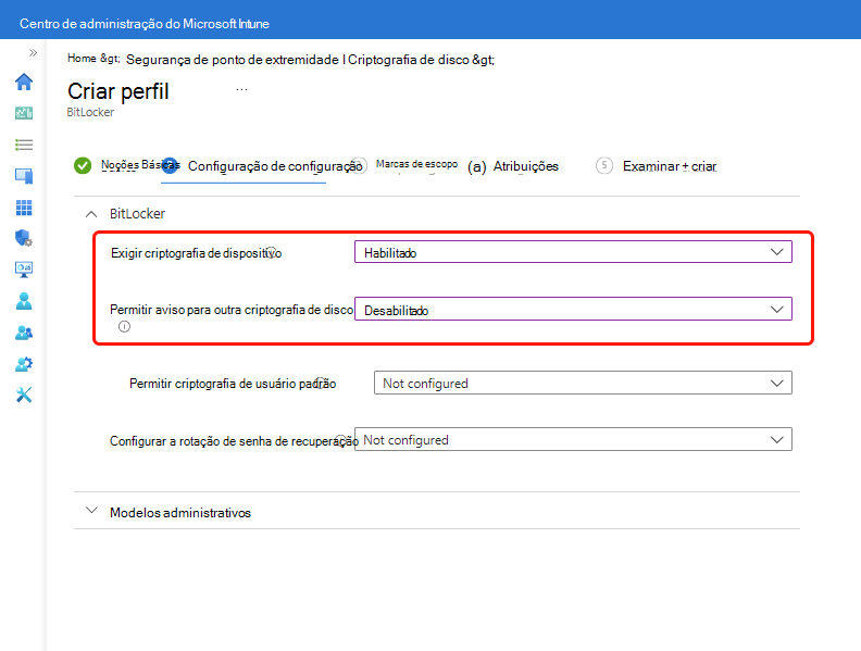 São necessárias duas definições do BitLocker para ativar a encriptação silenciosa.