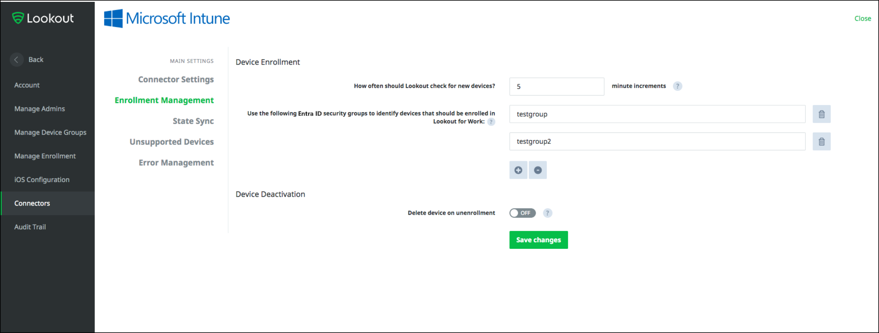captura de ecrã da página de inscrição do conector do Intune