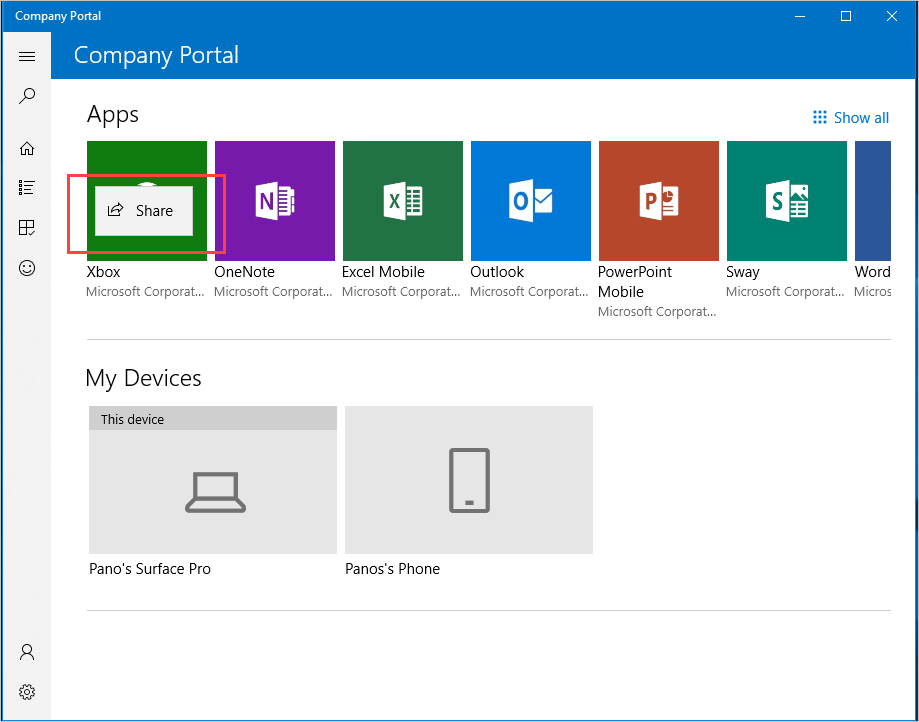 Página frontal da aplicação Portal da Empresa para Windows 10 a mostrar uma lista de aplicações e dispositivos. O menu de contexto clicável "Share" (Partilhar) está visível acima do ícone da aplicação de exemplo. 
