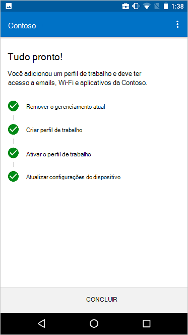 O ecrã Mover para a nova configuração de gestão de dispositivos, que mostra que todos os passos foram concluídos.