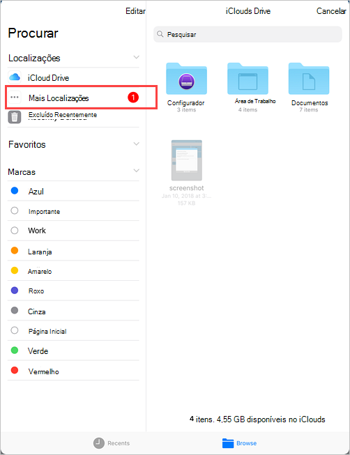 Captura de ecrã de exemplo do iCloud Drive, menu Procurar a realçar a opção Mais Localizações.