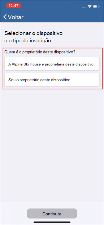 Imagem de exemplo de Portal da Empresa, ecrã "Selecione dispositivo e tipo de matrícula", opções do tipo dispositivo.