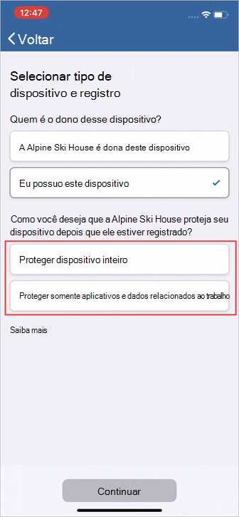 Imagem de exemplo de Portal da Empresa, ecrã "Selecione dispositivo e tipo de matrícula", opções de tipo de inscrição.