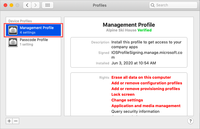Exemplo de screenshot das Preferências do Sistema, ecrã de perfil de gestão, realçando o botão "Aprovar".