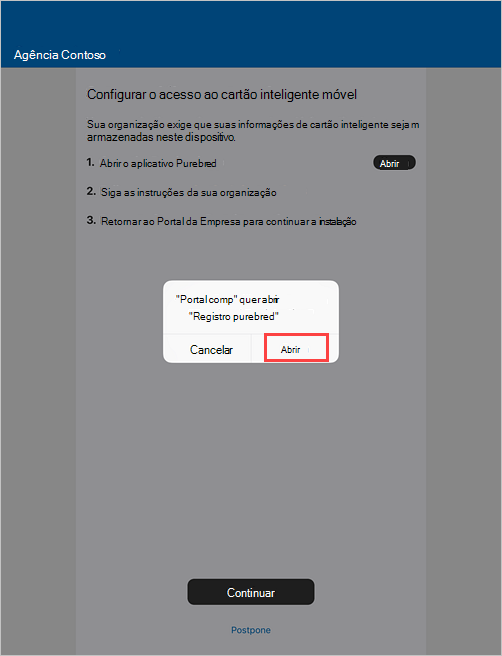 Captura de ecrã de exemplo do pedido do Portal da Empresa para abrir a aplicação DISA Purebred.
