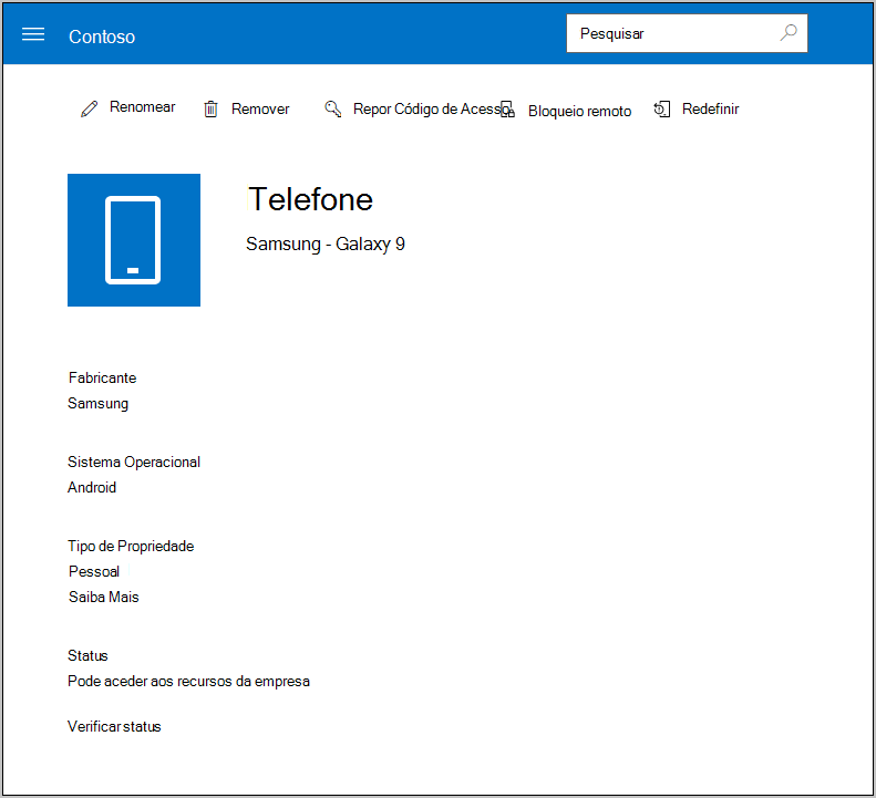 A página de detalhes do dispositivo para um dispositivo selecionado no site do Portal da Empresa, com uma lista de ligações na parte superior que apresenta Mudar o Nome, Remover, Repor Dispositivo, Repor Código de Acesso e Bloqueio Remoto. 