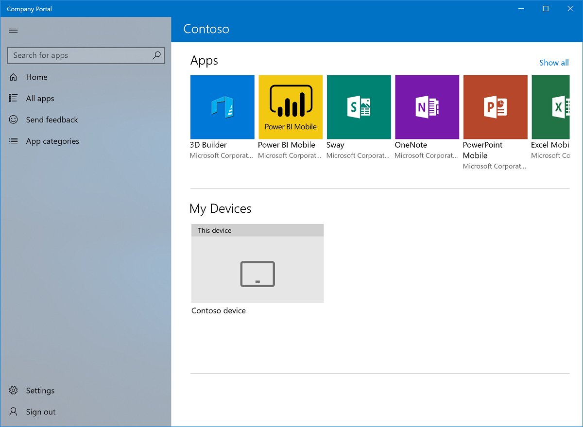 A home page da aplicação Portal da Empresa para Windows 10.