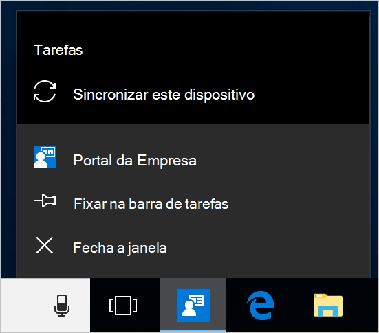 Captura de ecrã a mostrar a barra de tarefas do Windows no ambiente de trabalho de um dispositivo. Portal da Empresa ícone da aplicação foi selecionado e mostra um menu com opções "Pin to taskbar", "Close window" e "Sync this device".