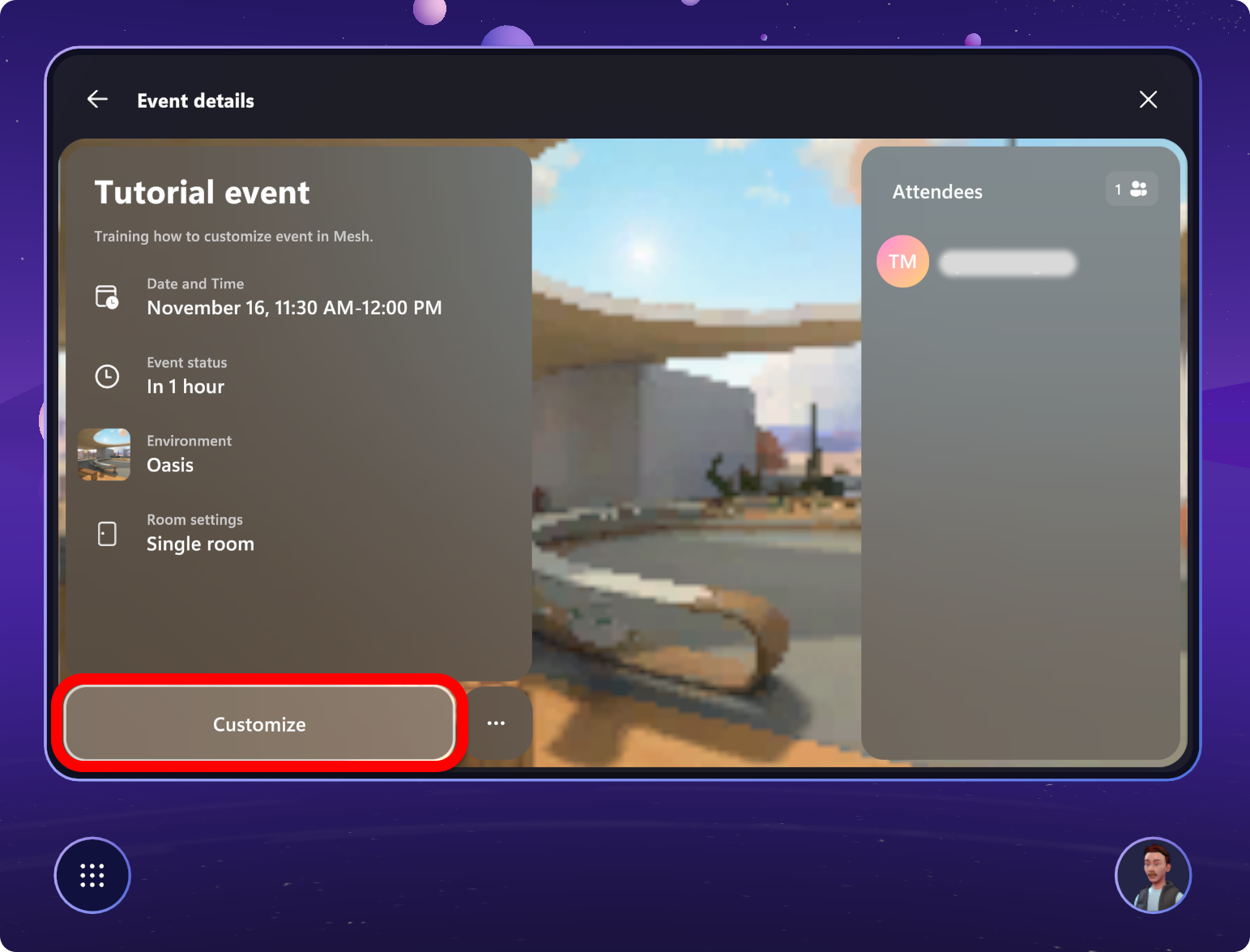Captura de ecrã da aplicação Mesh a mostrar o botão Personalizar para um evento realçado.