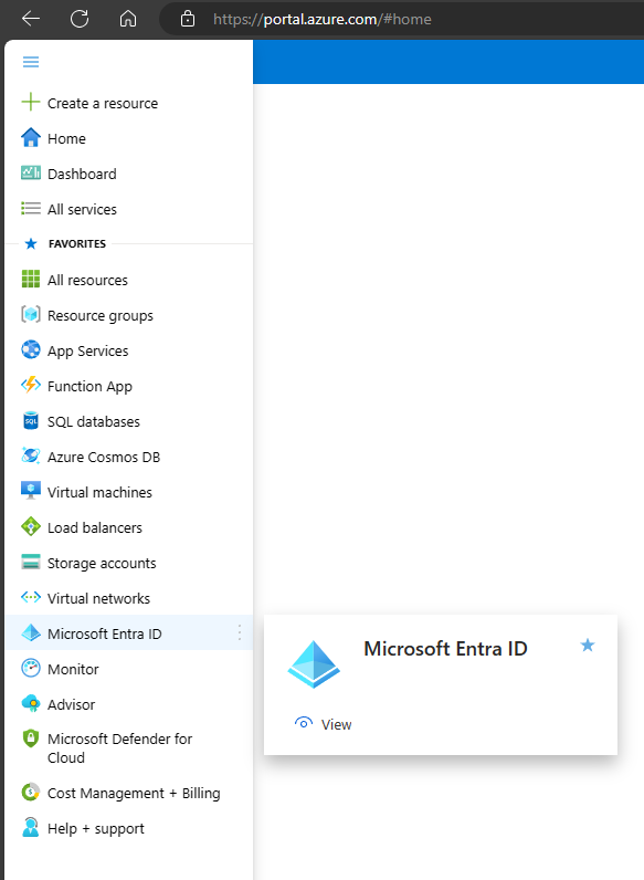 Captura de ecrã a mostrar portal do Azure a mostrar a ideia de Entra selecionada na lista de recursos.