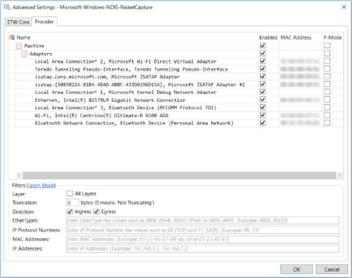 Advanced Settings for the Windows-NDIS-PacketCapture Provider