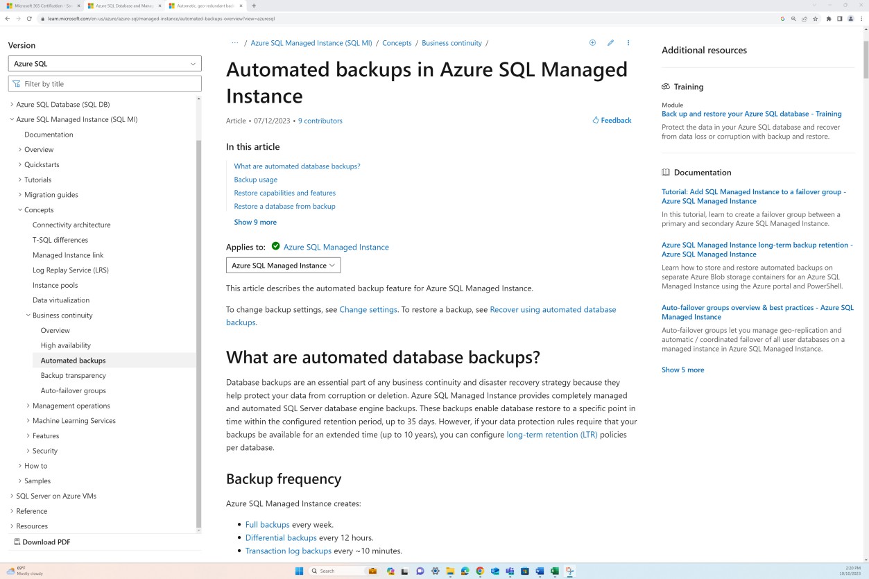 learn.microsoft.com cópias de segurança automatizadas no SQL do Azure documento de política de instância gerida.