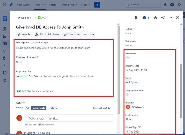 Descrição do conselho de aprovação da Jira, aprovada por, data e aprovação como implementada realçada.