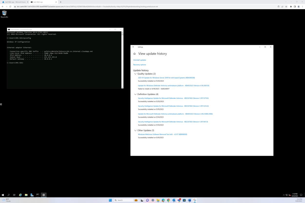 Máquina virtual do Windows, linha de comandos com o pop-up Ver histórico de atualizações