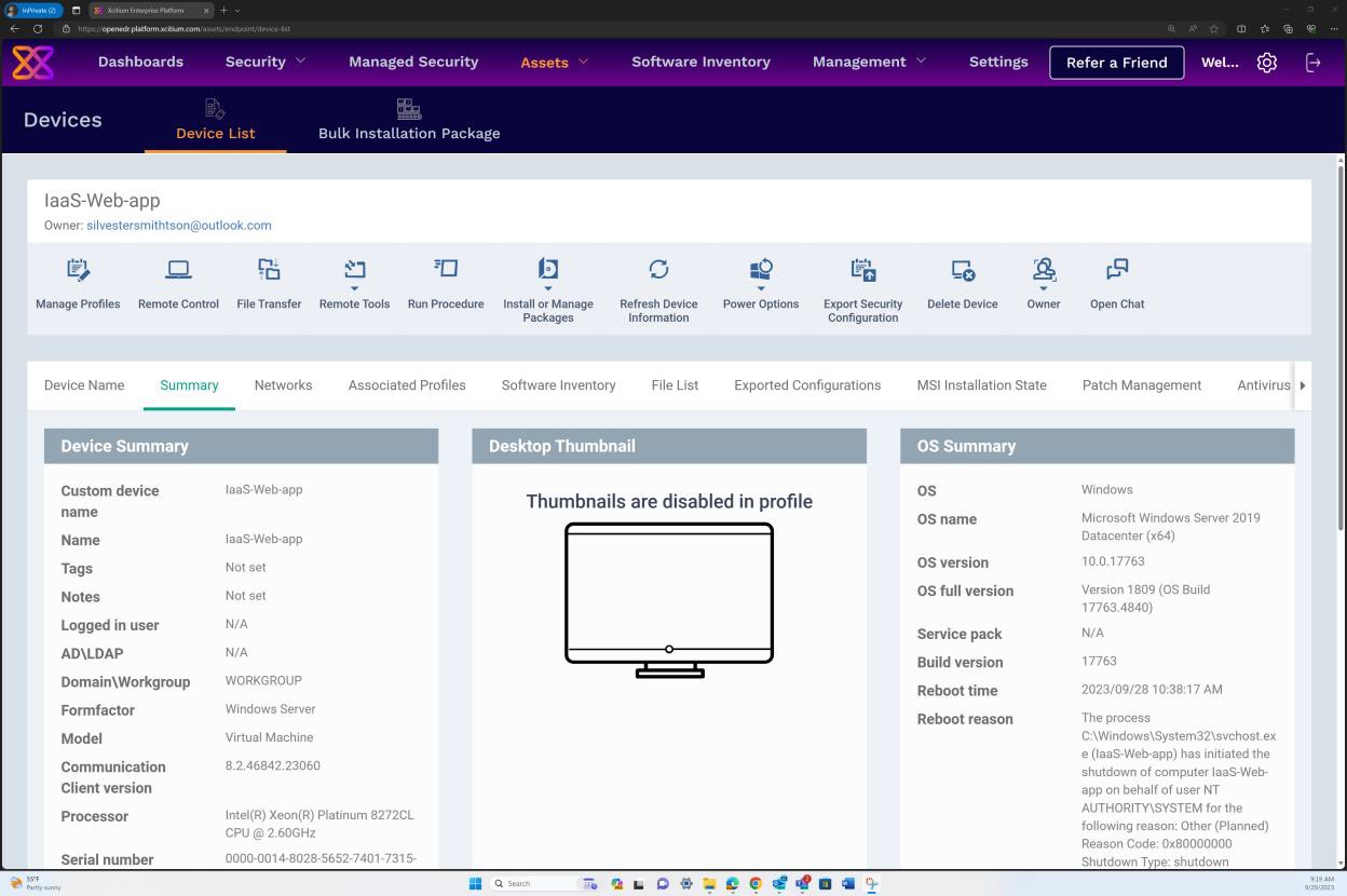Resumo do dispositivo OpenEDR, miniatura do ambiente de trabalho e resumo do SO.