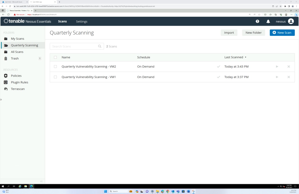 Nessus scan list of quarterly scan history showing two scans completed today.