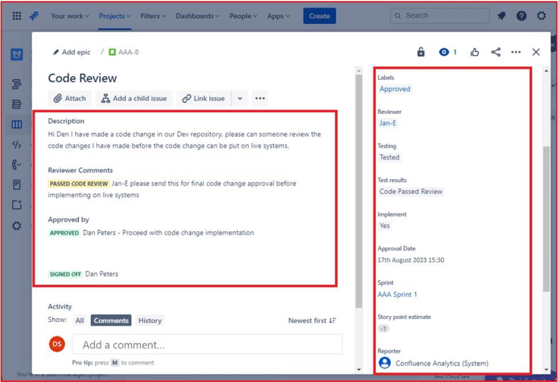 Revisão de código épica com descrição, comentários do revisor e aprovado por.