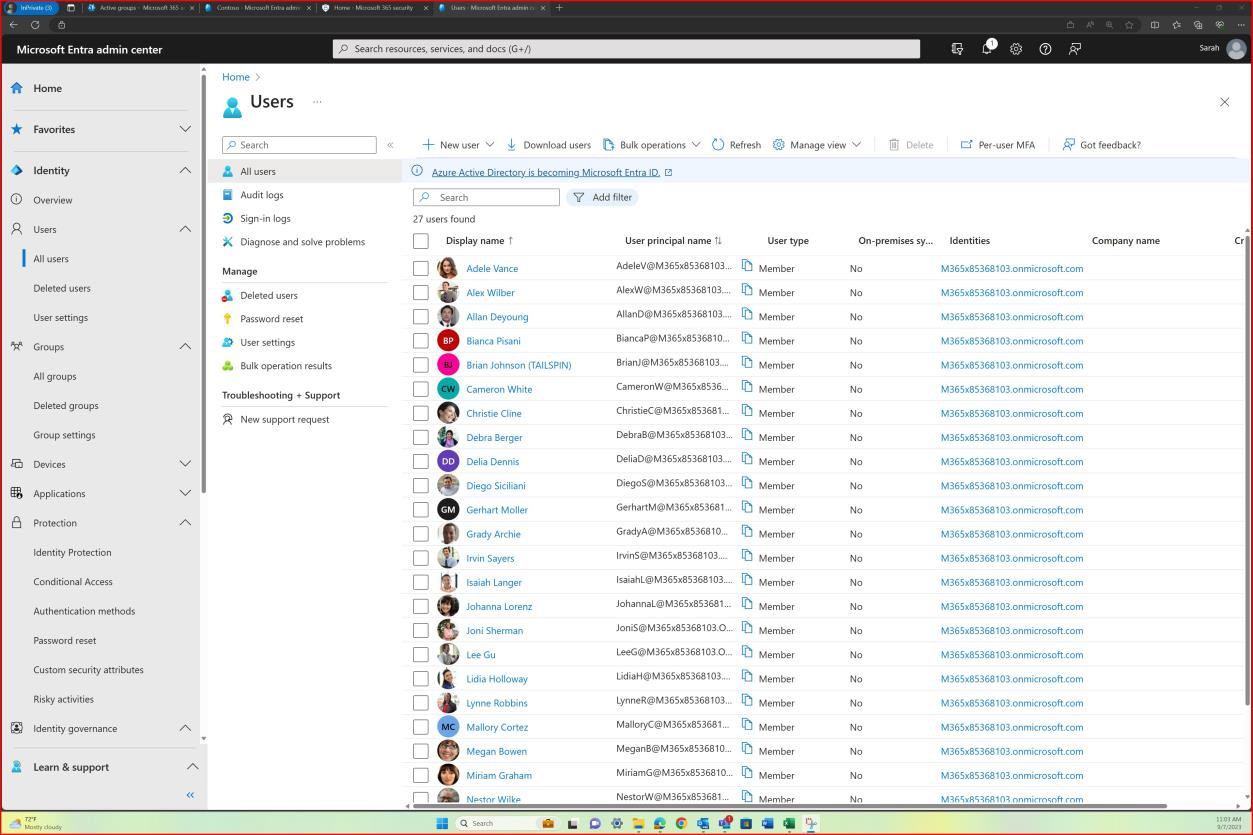 centro de administração do Microsoft Entra lista de todos os utilizadores com 27 utilizadores encontrados.
