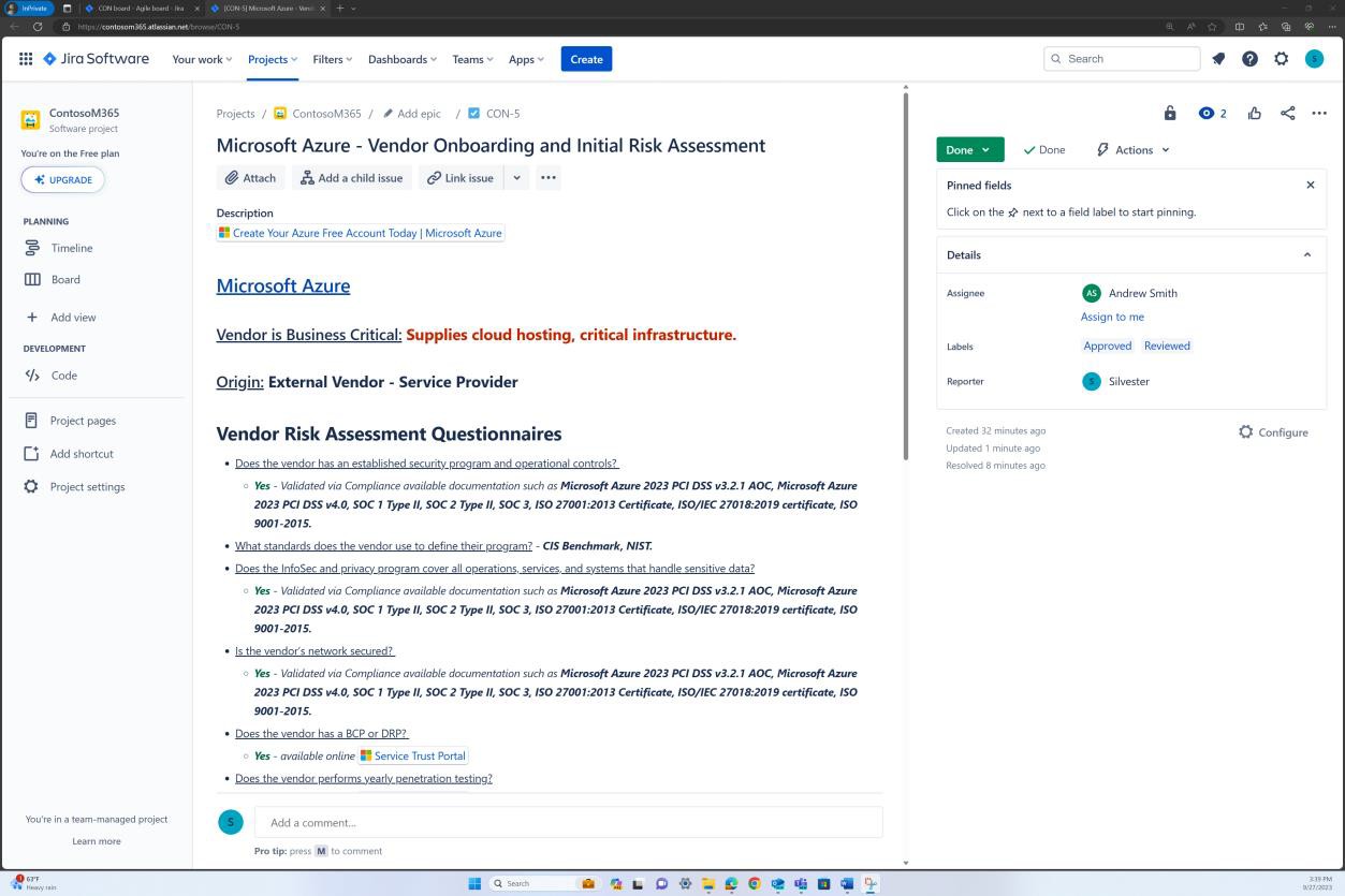 Integração do fornecedor Jira e avaliação de riscos para o Microsoft Azure.