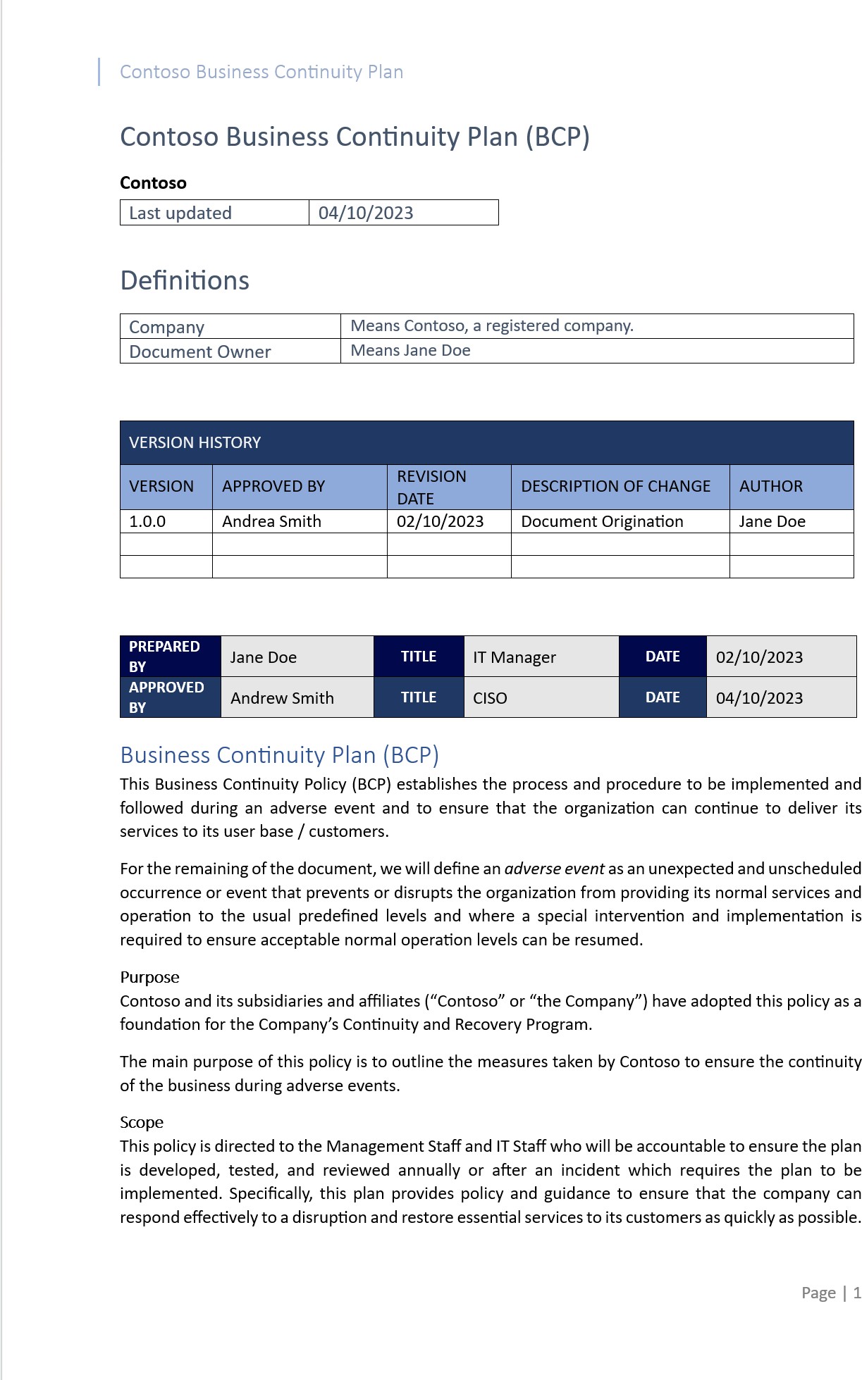 Plano de continuidade de negócio da Contoso com data da última atualização, definições, histórico de versões, preparado por e descrição geral do plano.