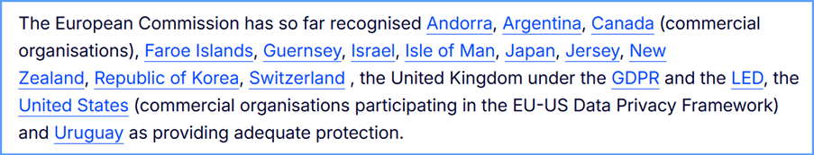 Lista da Comissão Europeia de reconhece contries ao abrigo dos quadros RGPD e LED.
