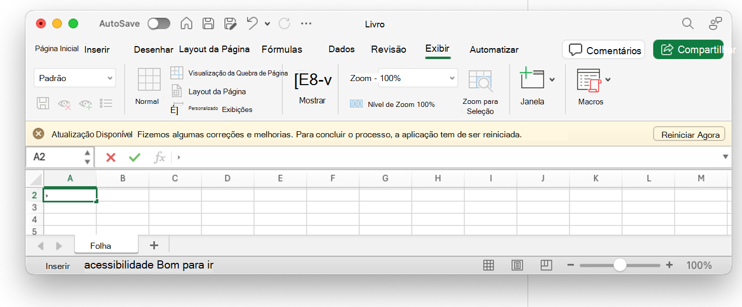 Interface do Microsoft Excel exibindo uma notificação 'Atualização disponível' indicando que algumas correções e melhorias foram feitas, com um prompt para reiniciar o aplicativo. A pasta de trabalho do Excel mostrada é denominada 'Livro1' e a planilha 'Planilha1' está visível, atualmente em branco sem dados inseridos.