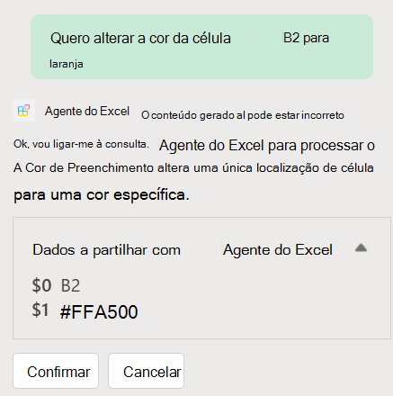 Uma captura de ecrã do agente do Excel a dizer 